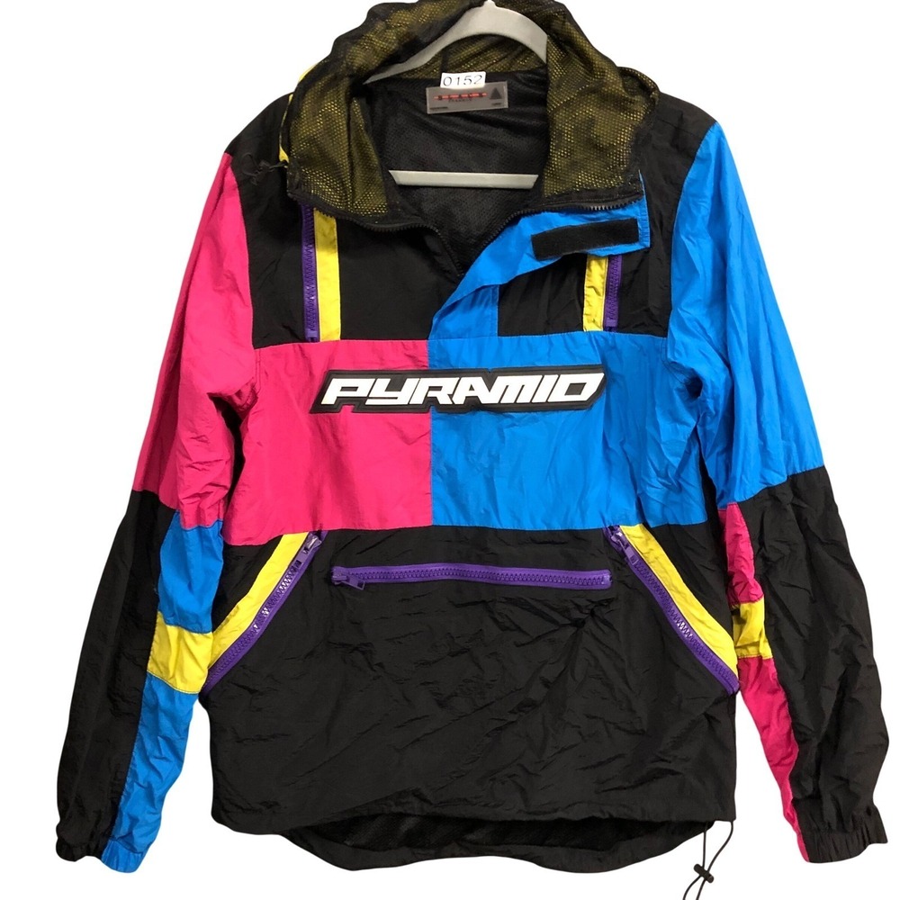 VTG Black Pyramid Colorblock Anorak Windbreaker Jacket Pullover Hooded‎ Large
